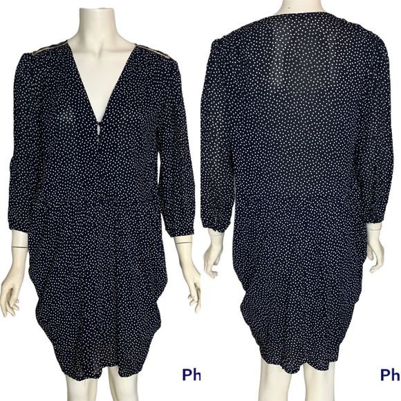 Sandro 2 Long Sleeve V Neck Mini Dress Pockets Polka Dot Medium Roll Sleeve - Picture 1 of 16